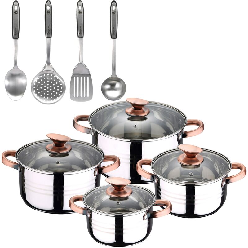 

Bateria de cocina 8 piezas apta para induccion Altea en acero inoxidable con set de 4 utensilios de cocina en acero inoxidable - San Ignacio