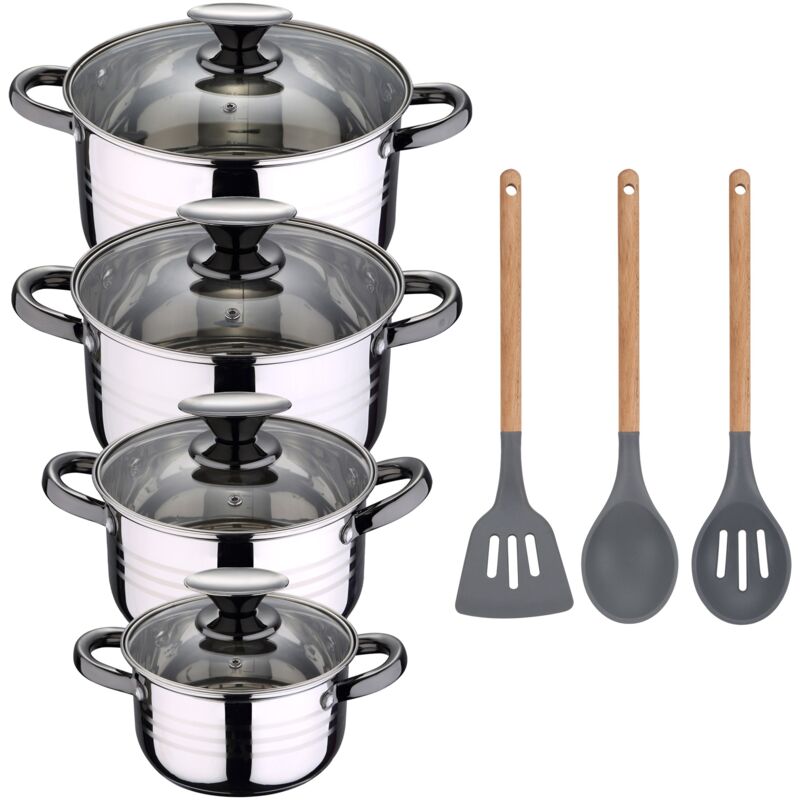

Bateria de cocina 8 piezas apta para induccion Hita en acero inoxidable con set de 3 utensilios de cocina en silicona Daimiel - San Ignacio