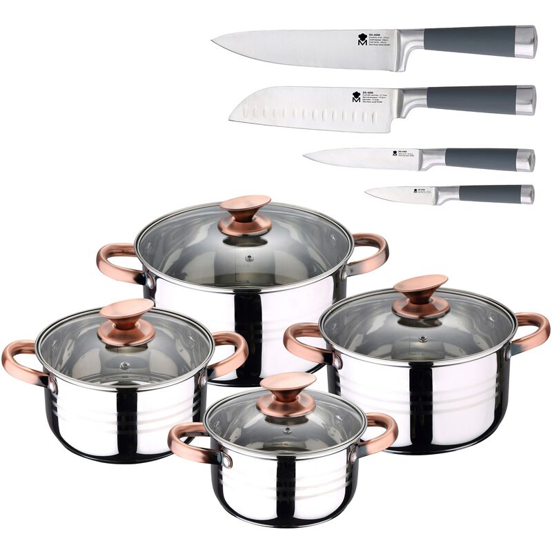 

Bateria de cocina 8 piezas apta para induccion Altea en acero inoxidable con set 4 cuchillos de cocina - San Ignacio