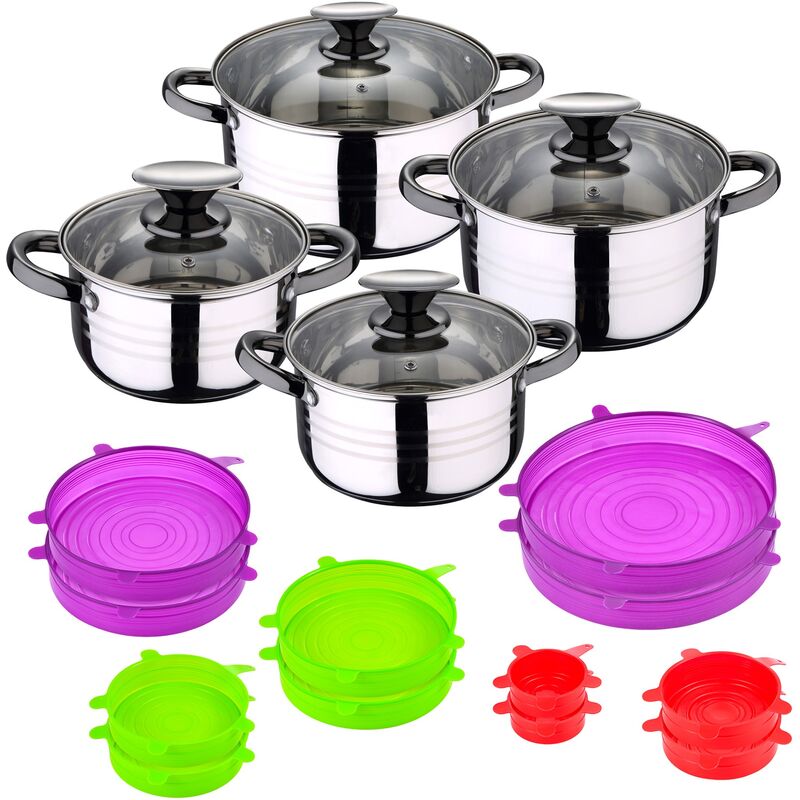 

Bateria de cocina 8 piezas apta para induccion SAN IGNACIO Hita en acero inoxidable con set de 12 tapas de silicona Jolie