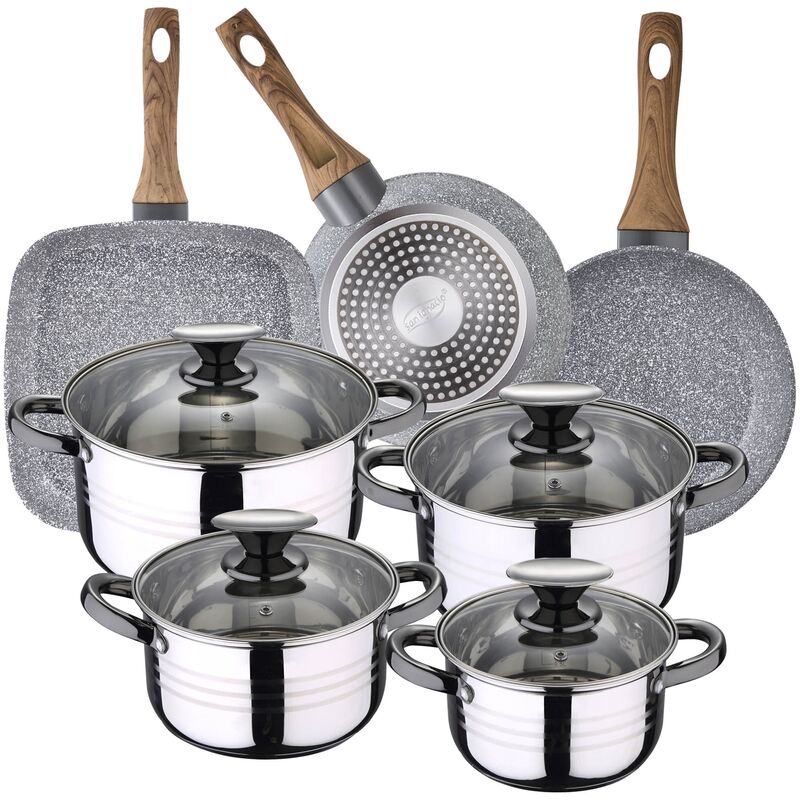 

Bateria de cocina 8 piezas SAN IGNACIO Dina de acero inoxidable con juego de sartenes (18/22 cm) y grill 28x28 cm SAN IGNACIO Daimiel en aluminio
