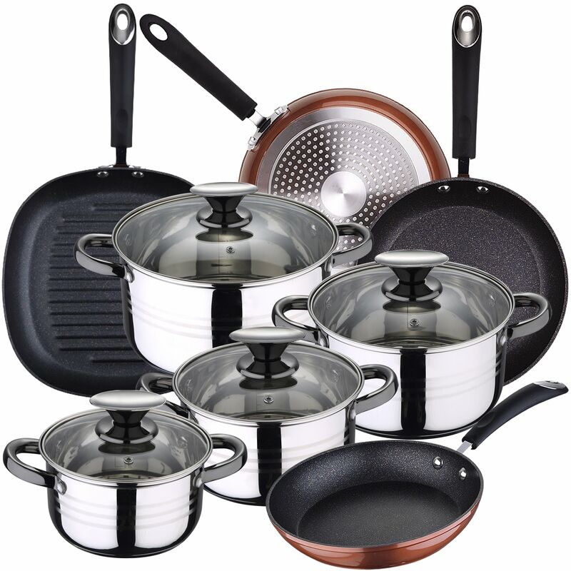 

Bateria de cocina 8 piezas SAN IGNACIO Dina de acero inoxidable con juego de sartenes (20/24/28 cm) y grill 28 cm SAN IGNACIO Moma en alumino forjado