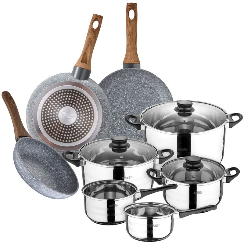 

Bateria de cocina 8 piezas SAN IGNACIO en acero inoxidable con juego de sartenes (18,20,24 cm) en aluminio forjado colección Daimiel