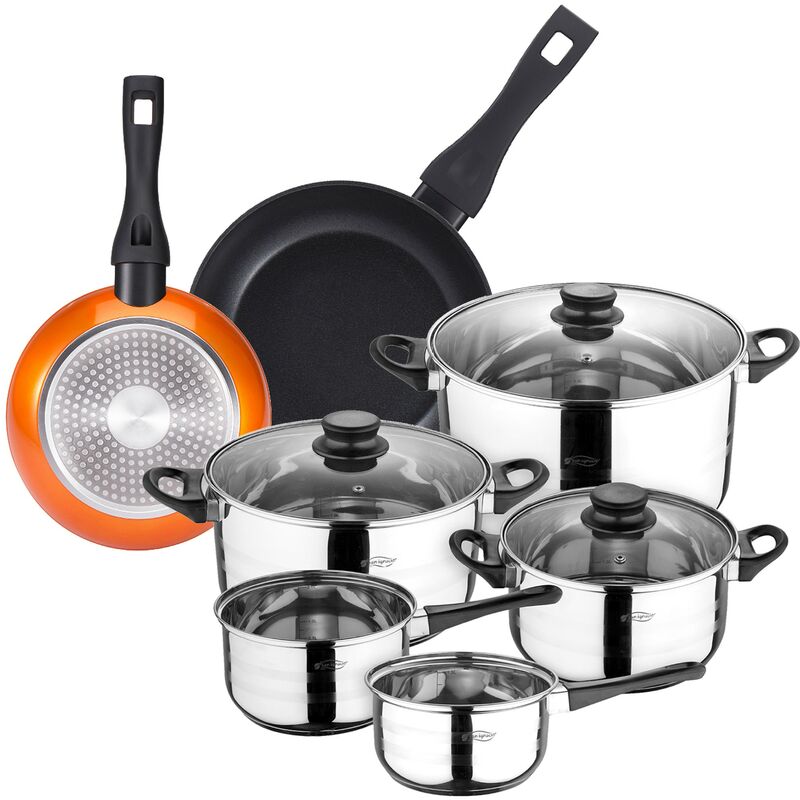 

Bateria de cocina 8 piezas SAN IGNACIO en acero inoxidable con juego de sartenes (20 y 24 cm) en aluminio forjado