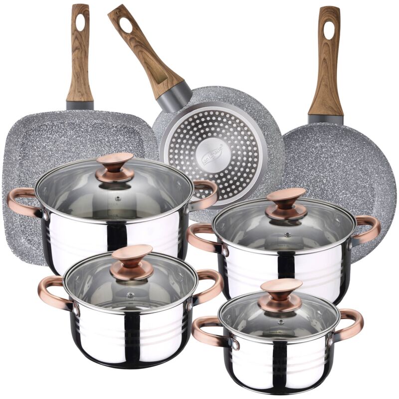 

Bateria de cocina 8 piezas SAN IGNACIO Premium Nona de acero inoxidable con juego de sartenes (18/22 cm) y grill 28x28 cm SAN IGNACIO Daimiel en
