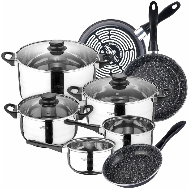 

Bateria de cocina 8 piezas SAN IGNACIO Toledo de acero inoxidable con juego de sartenes (18/20/24 cm) MAGEFESA K2 Gransasso en acero esmaltado