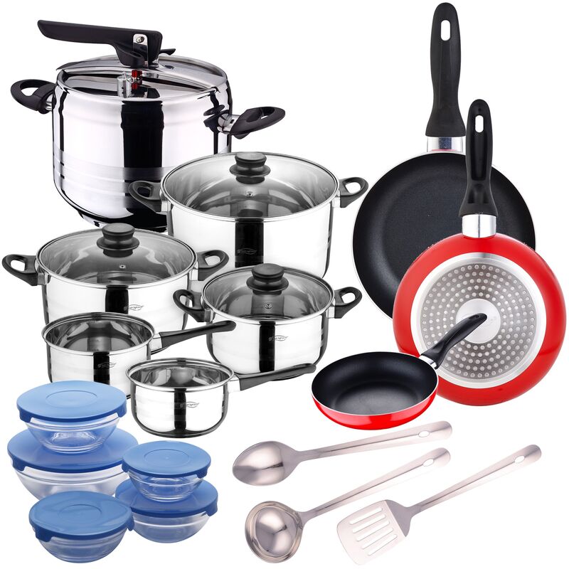 

San Ignacio - Batería de cocina de 8 piezas + Olla a presión 5l acero inoxidable + Set 3pcs Utensilios de cocina en Acero Inoxidable + Juego de 3