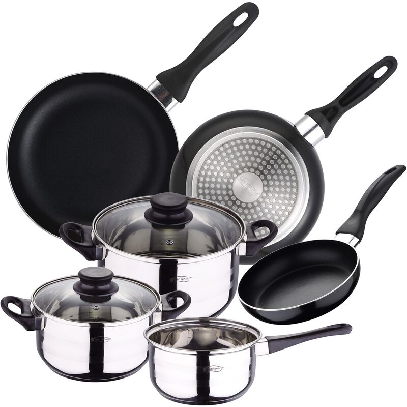 

San Ignacio - Batería de cocina SIP 5 piezas (cazo + dos ollas con tapa de vidrio) con Set de 3 sartenes Ø16/20/24 cms., inducción