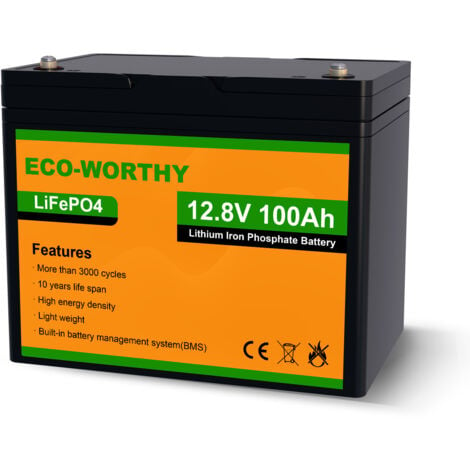 ECO-WORTHY Batería del fosfato LiFePO4 del hierro del litio de la batería de 100Ah 12V 1.2KWh para la rueda del poder