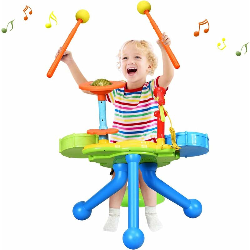 

Batería Eléctrica Instrumento Musical Drum Kit de Juguetes para Niños Mayores de 3 Años con Taburete, Luces, 2 Baquetas y 1 Micrófono