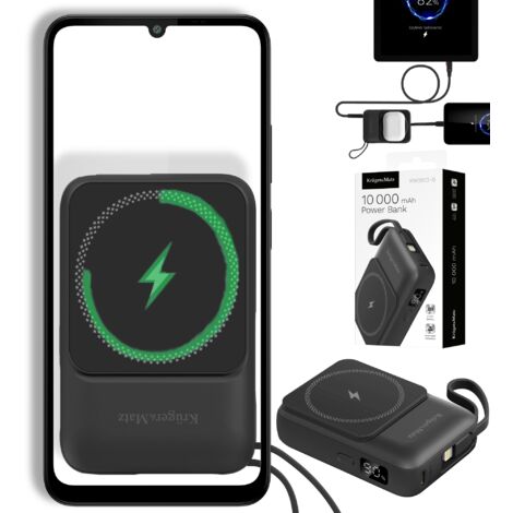 Batería externa Kruger&Matz de 10000 mAh, magnética inductiva, con cable, color negro.