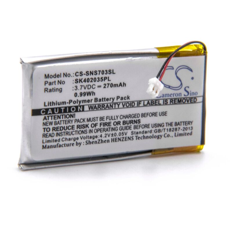 

Batería Li-Polymer 270mAh (3.7V) para reproductor MP3 Sony NW-S603, NW-S603F, NW-S703, NW-S703F, NW-S705, NW-S705F como SK402035PL. - Vhbw