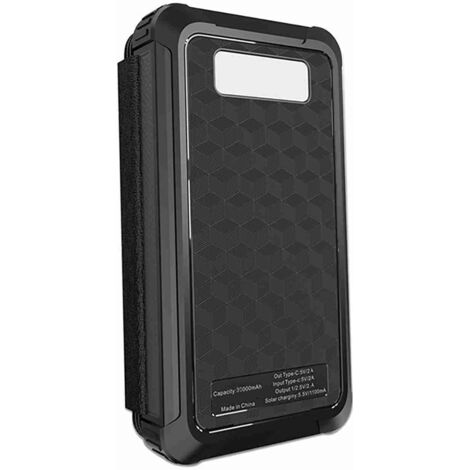 Batería solar tipo cartera de 30000 mAh, dimensiones plegada 161x83x32 mm, material ABS robusto e impermeable para acampadas y aventuras al aire libre.