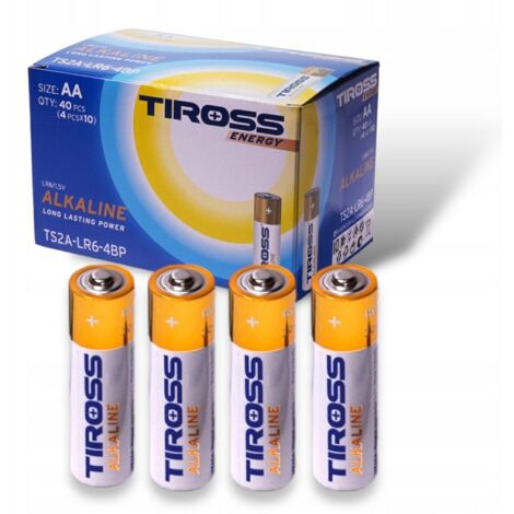 Baterías alcalinas Tiross LR6 AA, pack de 4 unidades, perfectas para un rendimiento duradero en dispositivos electrónicos.