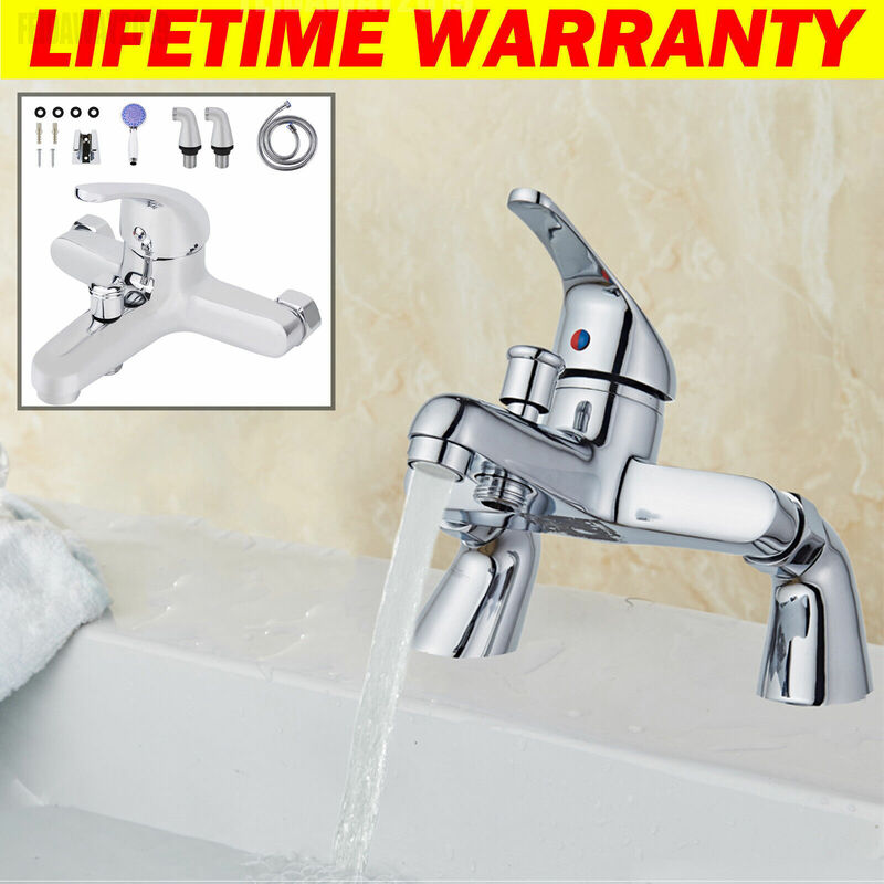 Bath Filler Taps Mixer with Shower Attachment Set Bathroom Tub Tap Deck Mounted Handheld Shower Mixers Dual Lever Chrome Brass