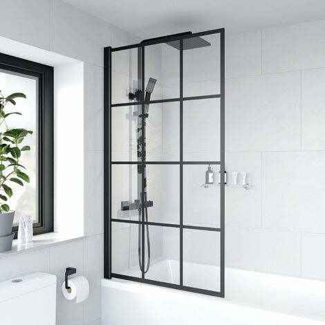 Bath Shower Screen Door Hinged 780mm Framed Black Grid Square Safety Glass Panel - Black