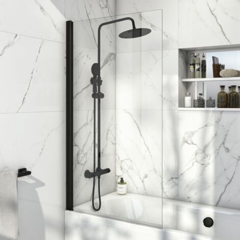 Bath Shower Screen Door Hinged 780mm Frameless Black Clear Safety Glass Panel