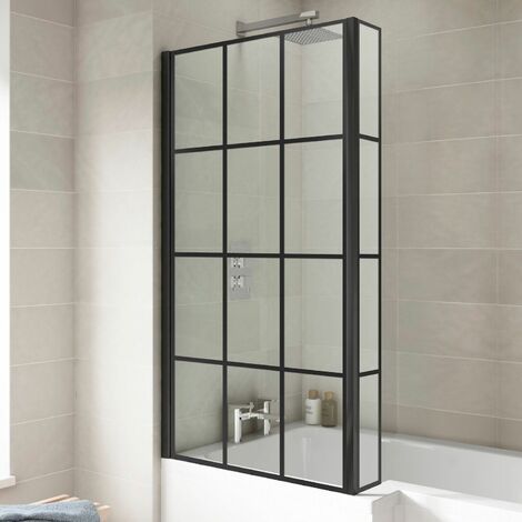 Bath Shower Screen Door Hinged 800mm Black Grid Square 6mm Glass Return Panel