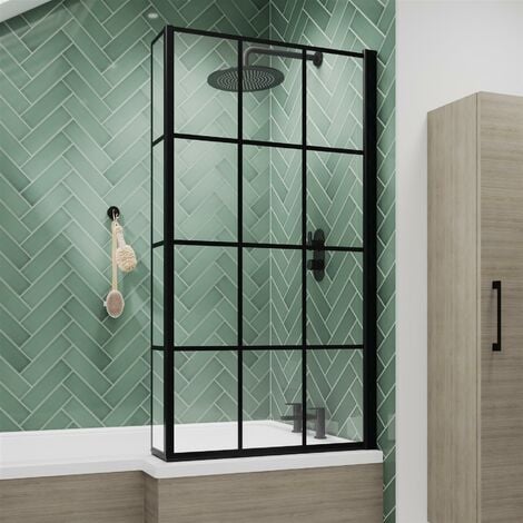 Bath Shower Screen Door Hinged 800mm Black Grid Square 6mm Glass Return Panel - Black