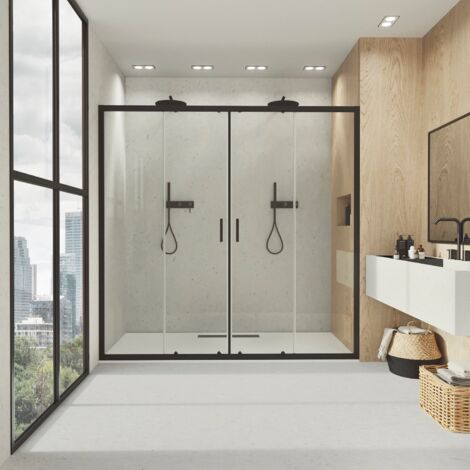 BATHME LONDON-2 Mampara Ducha 2 Fijo+2 Corredera Negro Transparente - Medida: 139-143 cm - ref: BF2N2P140