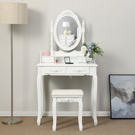 BATHRINS®-Ensemble coiffeuse blanche avec Miroir ,4 tiroirs , 2 séparateurs,un taboure 145 x 75 x 40 cm