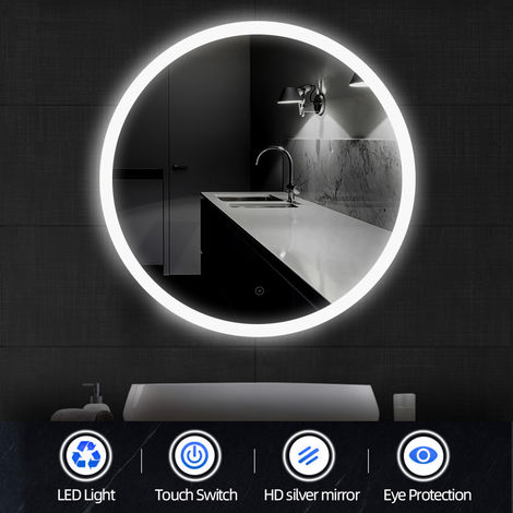 BATHRINS®Miroir Mural de salle de bains Rond avec LED anti-buéevec, Blanc Froid 70*70*4.5cm 35mm