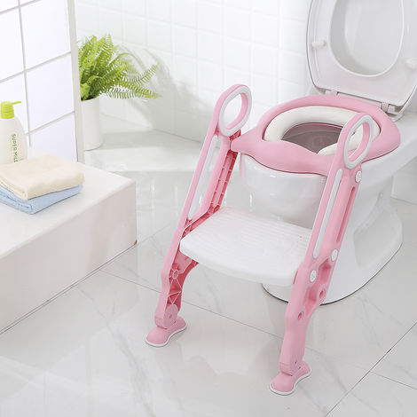 Bathrins Siege De Toilette Enfant Bebe Pliable Et Reglable Avec Marches Larges Lunette De Toilette Confortable Rose Blanc