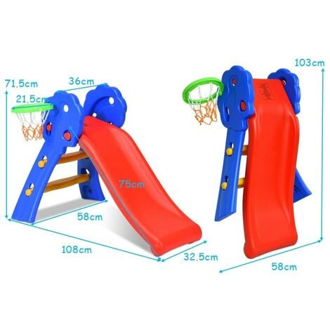 BATHRINS®Toboggan pour Enfants Aire de Jeux 2 en 1 avec Panier de basket et filet