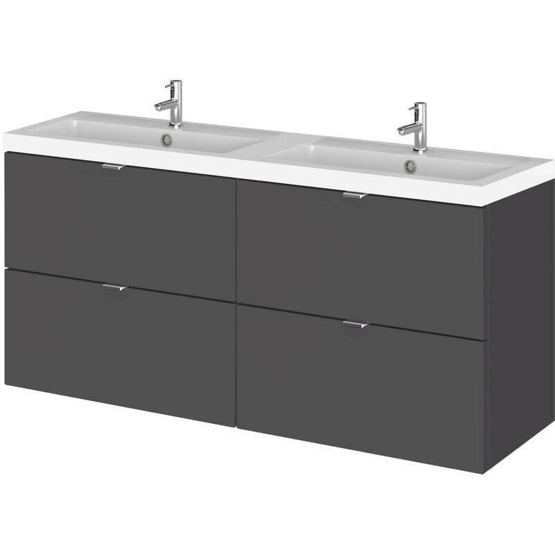 Hudson Reed Fusion Gloss Grey 1200mm Wall Hung Full Depth 4 Drawer Vanity Unit with Double Basin - CBI932