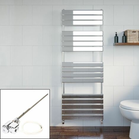 Bathroom 1600 x 600mm Thermostatic Heated Towel Rail Chrome Flat Panel Dual Fuel - Silver