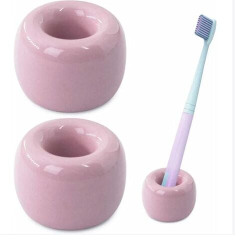 Bathroom Accessories Set, 2Pcs Ceramic Mini Handmade Couple Toothbrush Holder Storage Box (Pink)