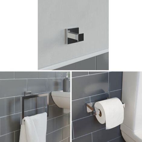 Bathroom Accessories Set Robe Hook Towel Ring Toilet Roll Holder Chrome Square