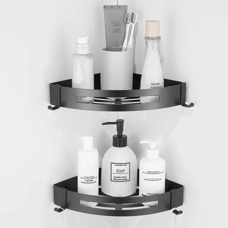 Étagère de douche d'angle en acier inoxydable noir, accessoire de salle de bain. Rangement mural adhésif en acier inoxydable, sans rinçage.