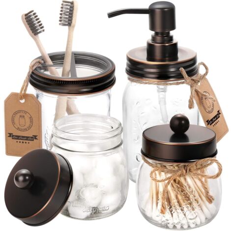 Bathroom Accessory Set 4 - Oil Rubbed Bronze - Mason Jar Soap Dispenser and 2 Apothecary Jars and Toothbrush Holder - Rustic Farmhouse Bathroom Decor Clearance, Countertop Organizer
