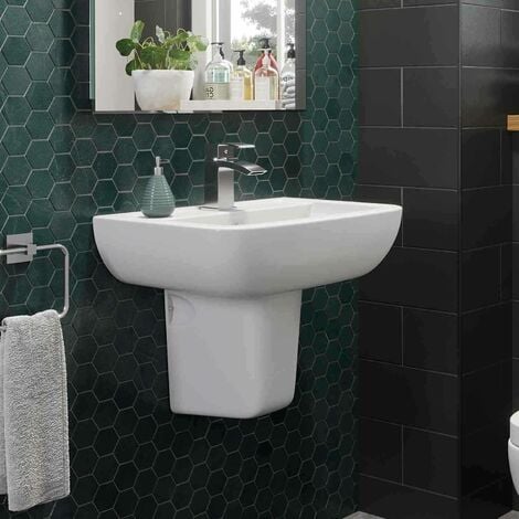 main image of "Bathroom Basin Sink Single Tap Hole Semi Pedestal Wall Hung Modern White Curved"