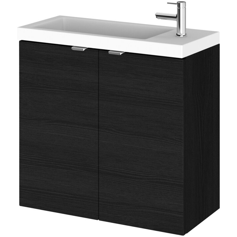 Hudson Reed Fusion Wall Hung 2-Door Vanity Unit with Compact Basin 600mm Wide - Charcoal Black Woodgrain