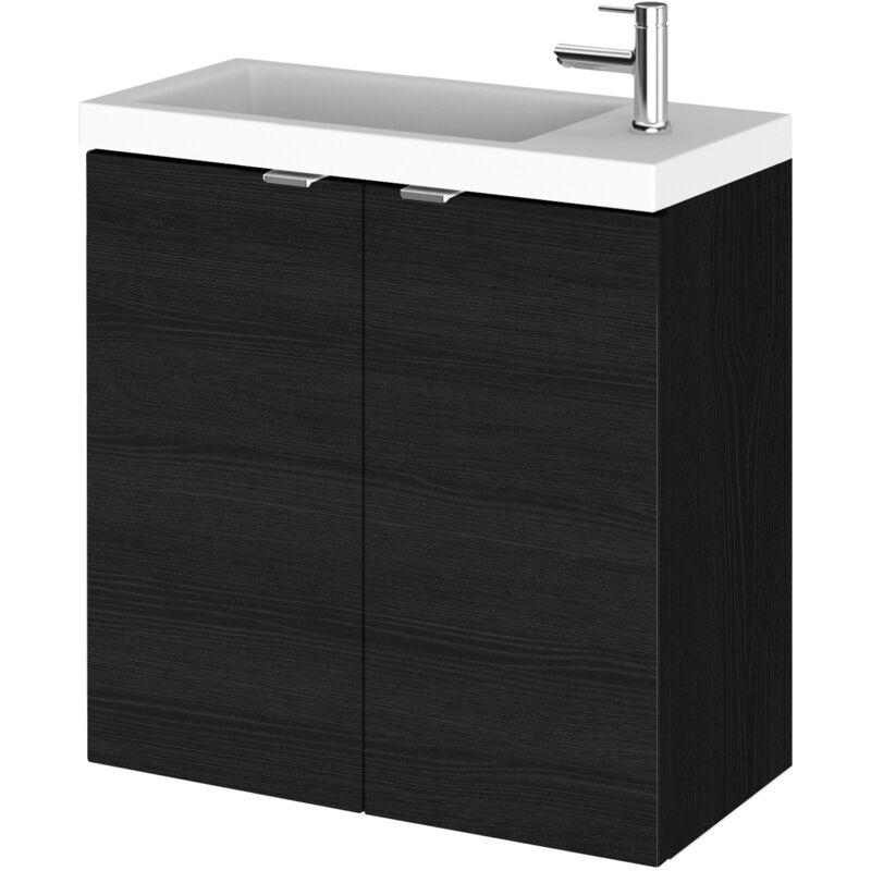 Hudson Reed Fusion Wall Hung 2-Door Vanity Unit with Compact Basin 600mm Wide - Charcoal Black Woodgrain