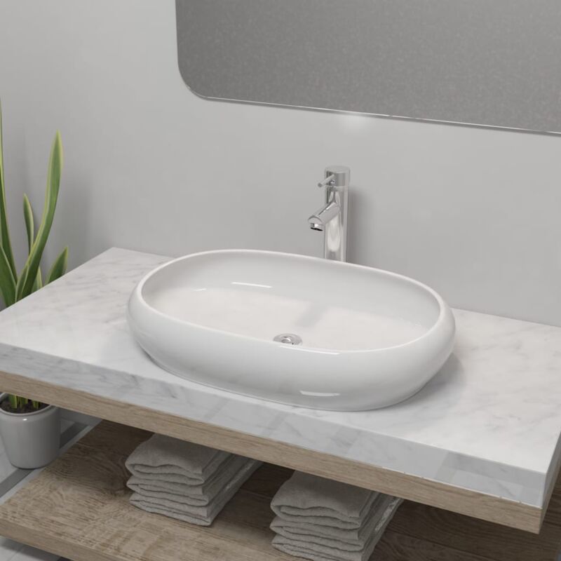 Bathroom Basin with Mixer Tap Ceramic Oval White - White