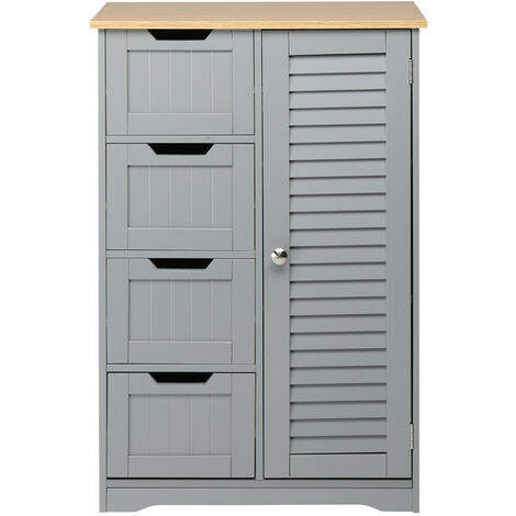 Bathroom Cabinet, Wooden Standing Storage Units with 4 Drawers and Door for Living Room Kitchen (Grey)