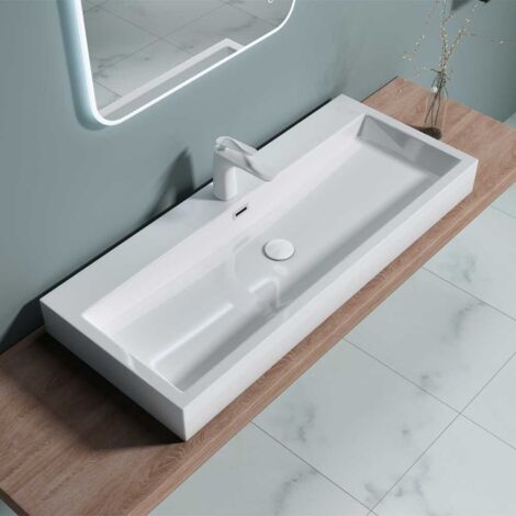 Bathroom Cloakroom 1000 x 420 x 100mm (WxDxH) Stone Resin Bathroom Basin - Wall Hung Bathroom Sink - One Tap Hole With Overflow - Durovin Bathrooms