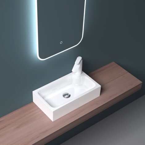 Bathroom Cloakroom 460×260mm Compact Sink Stone Resin Basin - Countertop Mount Rectangular Bathroom Vessel - Single Corner Tap Hole - 460mm wide -Durovin Bathrooms