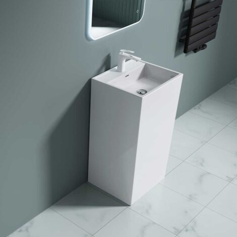 Bathroom Cloakroom 500 x 420 x 900mm (WxDxH) Cast Stone Pedestal Basin - Rectangular Freestanding Sink With Overflow Slot & Single Tap Hole - Basin Only - Durovin Bathrooms
