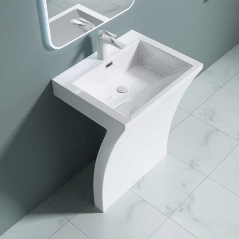 Bathroom Cloakroom 600 x 480mm (WxD) Cast Stone Pedestal Basin - 7 Shaped Freestanding Sink With Overflow Slot & Single Tap Hole - Basin Only - Durovin Bathrooms
