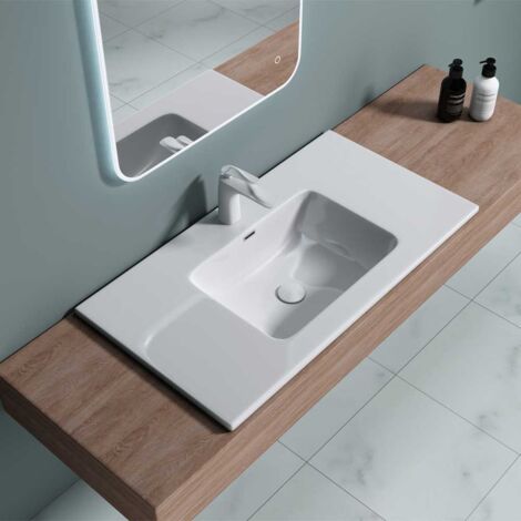 Bathroom Cloakroom 900 x 480mm Stone Resin Bathroom Basin - Self Rimming Drop In Sink  - One Tap Hole With Overflow - Durovin Bathrooms
