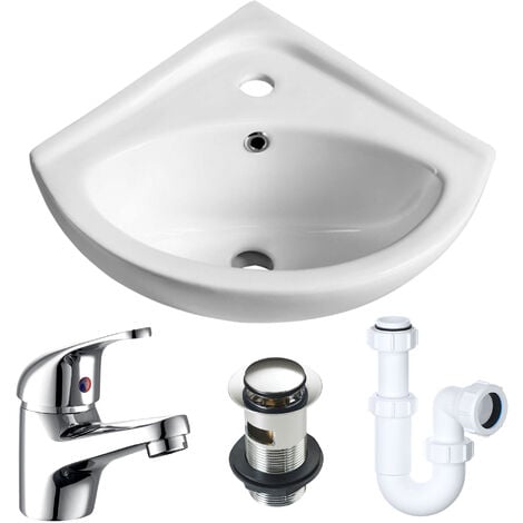 FNX BATHROOMS Bathroom Cloakroom Ceramic Compact Small Mini Corner Wash Basin Sink Tap & Trap