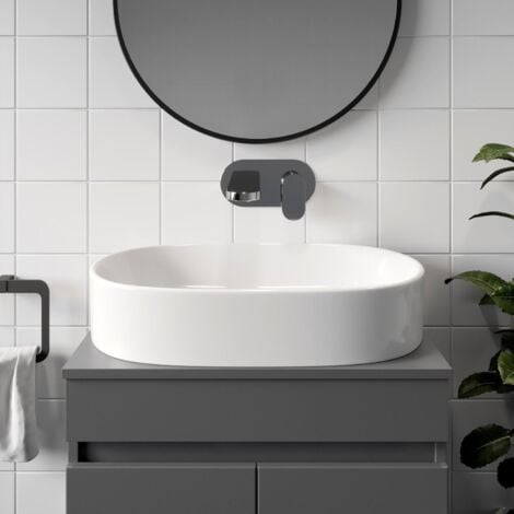 Bathroom Cloakroom Vanity Countertop Wash Basin Sink White Gloss Modern 600x380mm Oval Curved