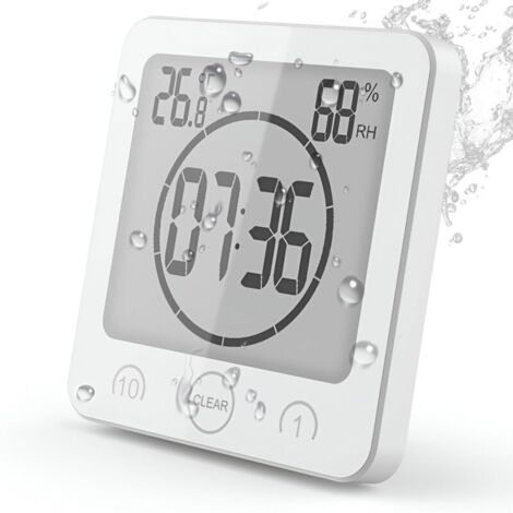 Bathroom Clock, Waterproof Touch Control Shower Clock, LCD Digital Alarm, Thermometer Hygrometer, Countdown Timer, Battery Operated, for Makeup Kitchen (White)