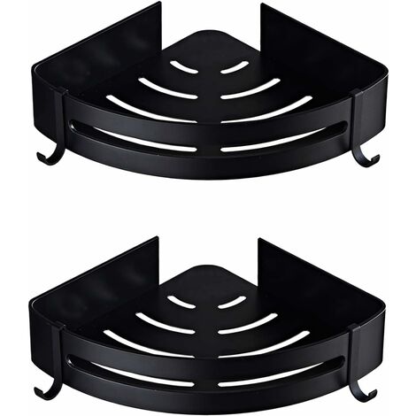 Bathroom Corner Shelves,Shower Shelf Corner Shelf No Drilling Shower Basket Caddy Shower Organiser Storage Corner Adhesive Aluminum Wall Mounted with Hooks (Triangle, 2 Pack, Black)