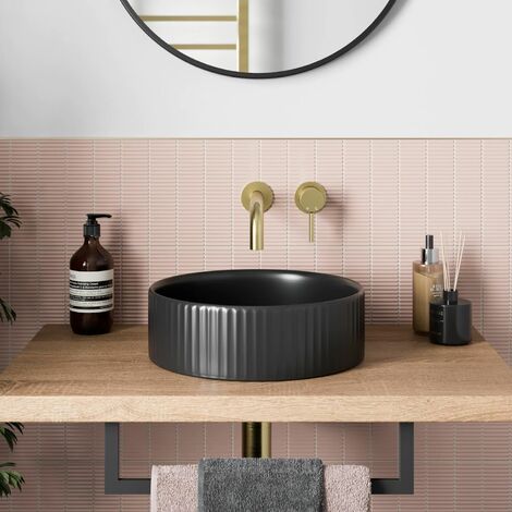 Bathroom Countertop Basin Sink Fluted Matt Black Round Modern 360 x 360mm