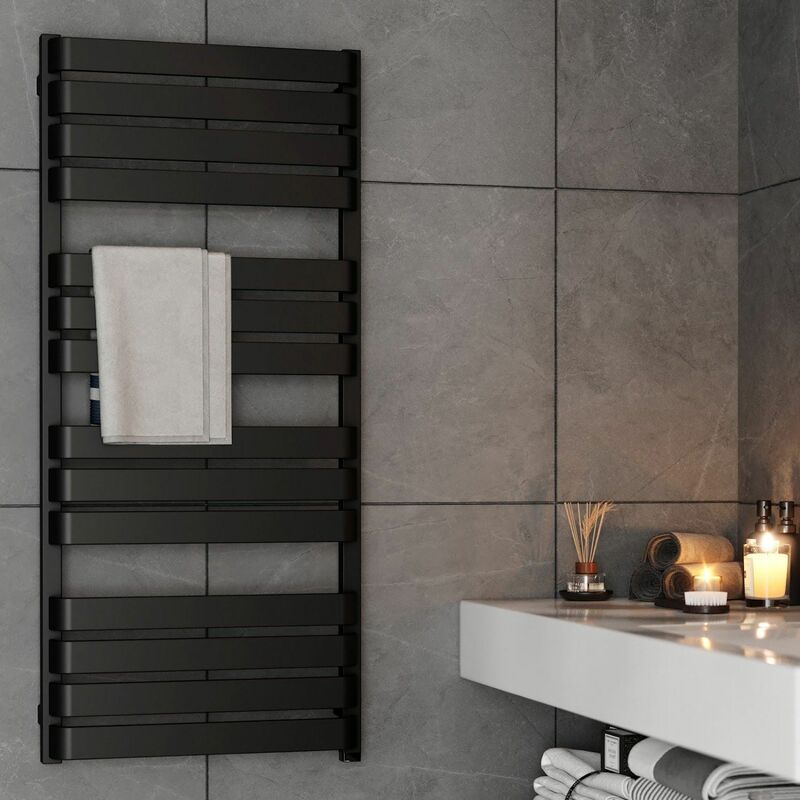 Image of Terma - Bathroom Electric Towel Radiator Designer Heated Towel Rail Flat Panel Black - Black